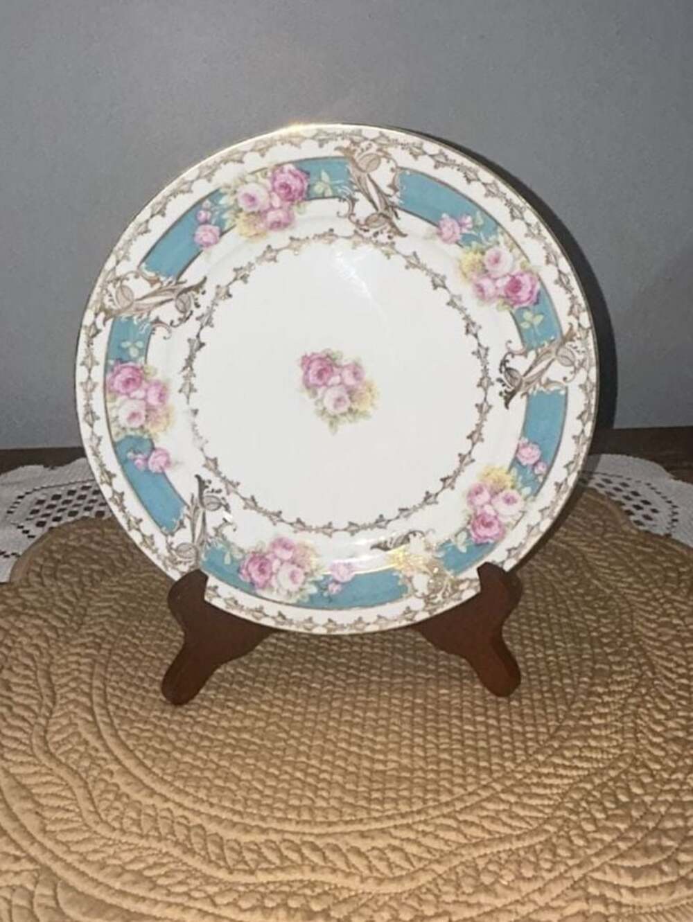 Imperial Crown China Austria Vintage Floral Salad Plate with Blue and Gold Trim